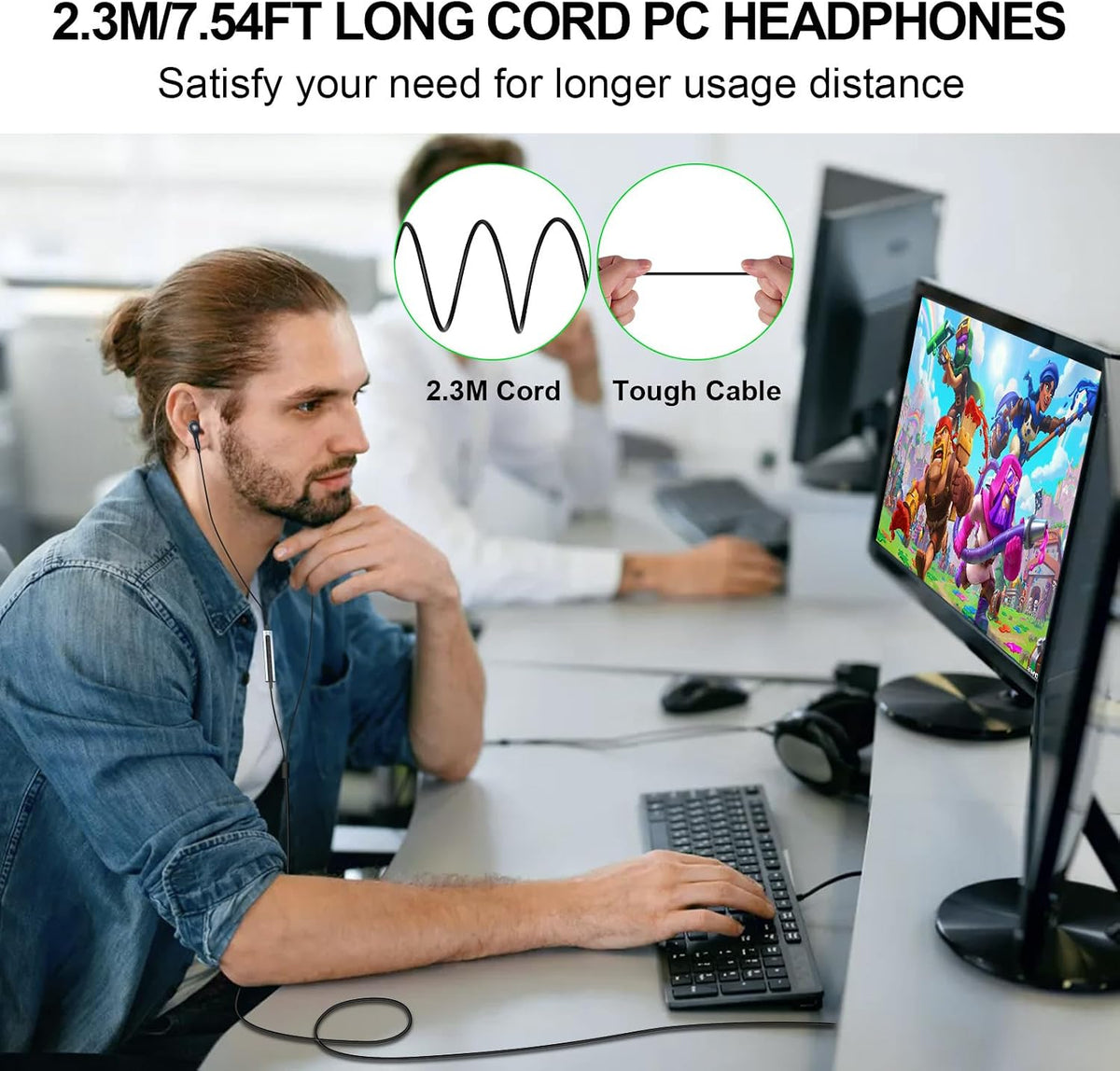 ASKUBSKU Auriculares USB con cable con micrófono para PC de 7.5 pie...