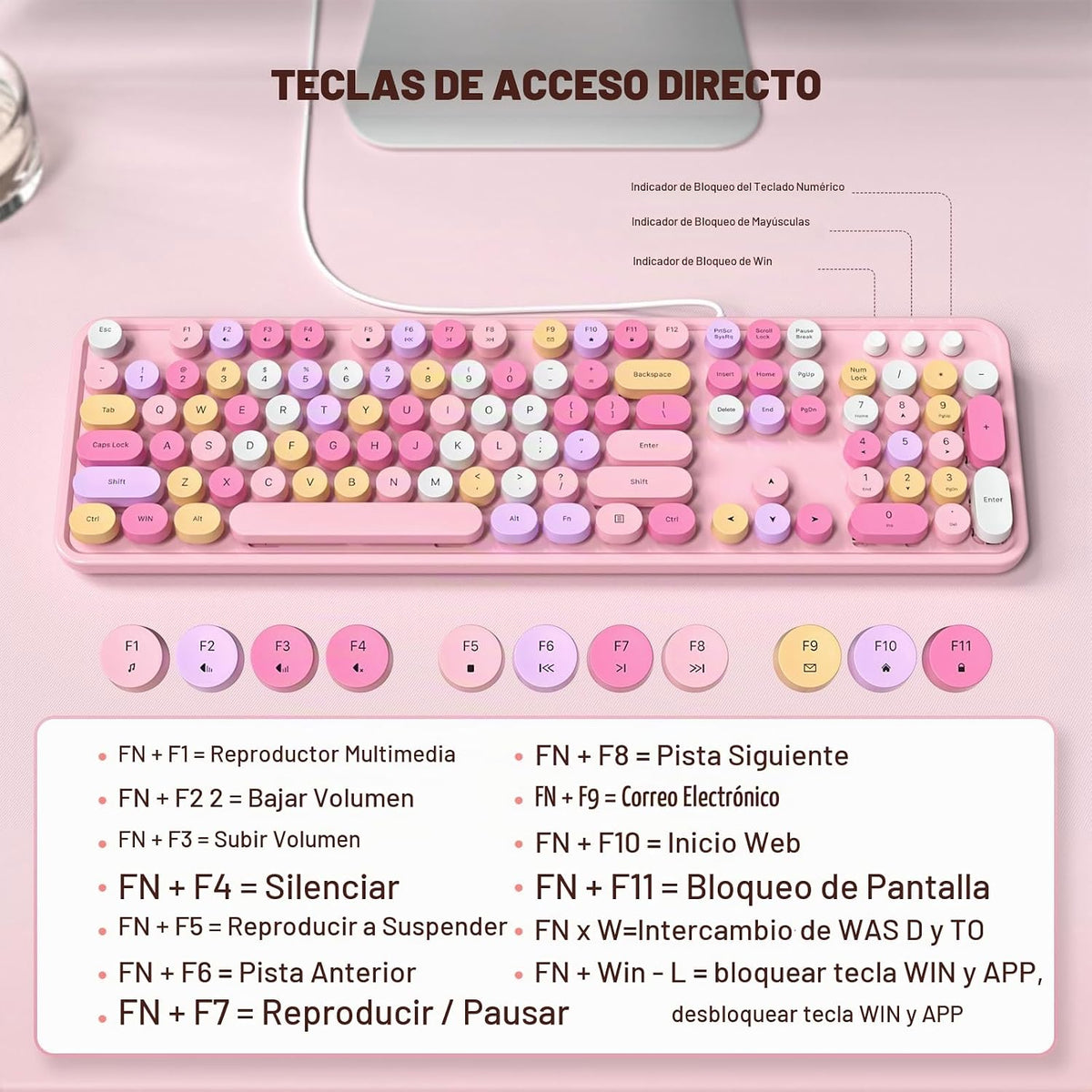 MOFII Teclado USB con cable de tamaño completo, colorido teclado de...