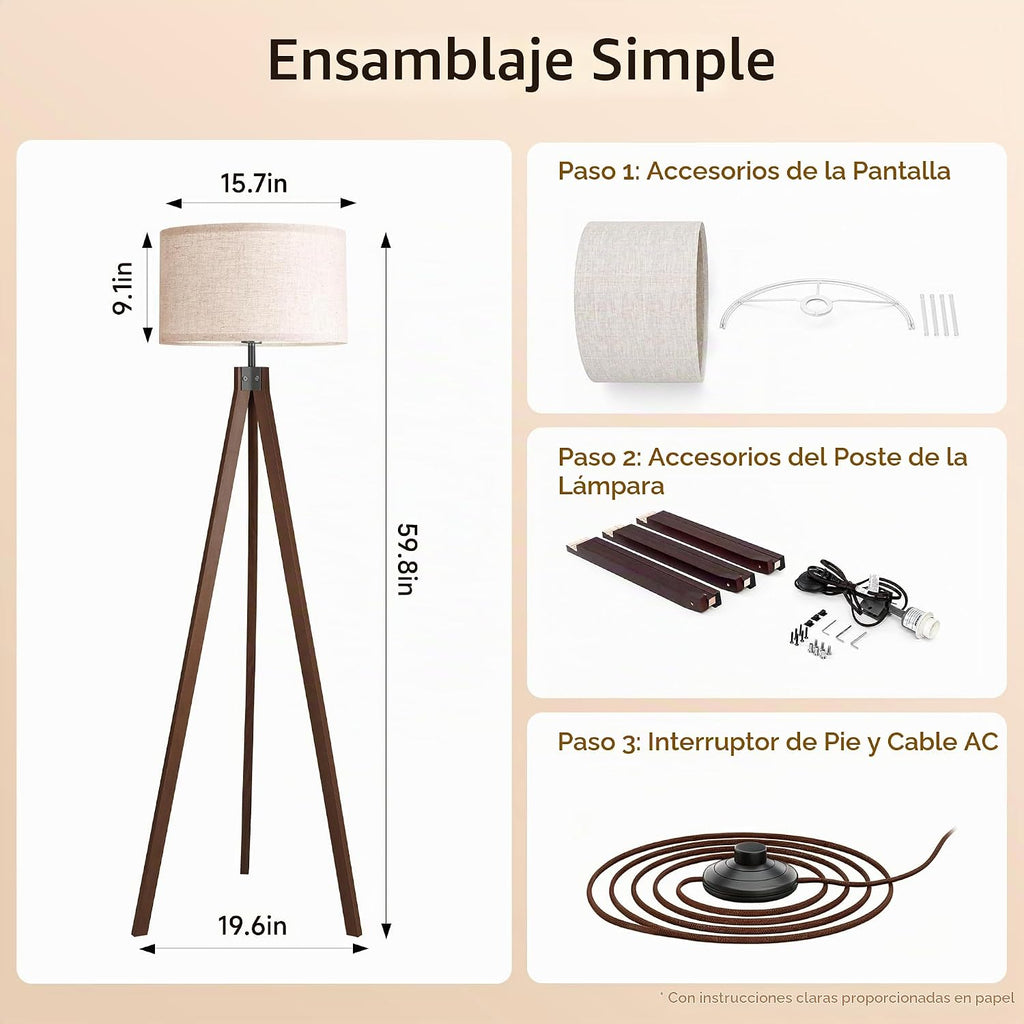 LEPOWER Lámpara de pie de trípode de madera, lámpara de pie de medi...