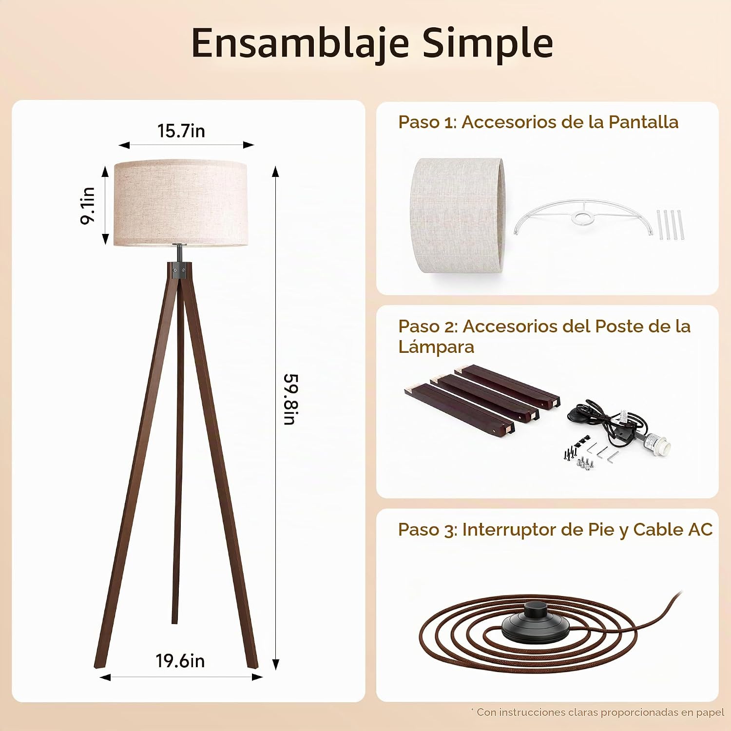 LEPOWER Lámpara de pie de trípode de madera, lámpara de pie de medi...
