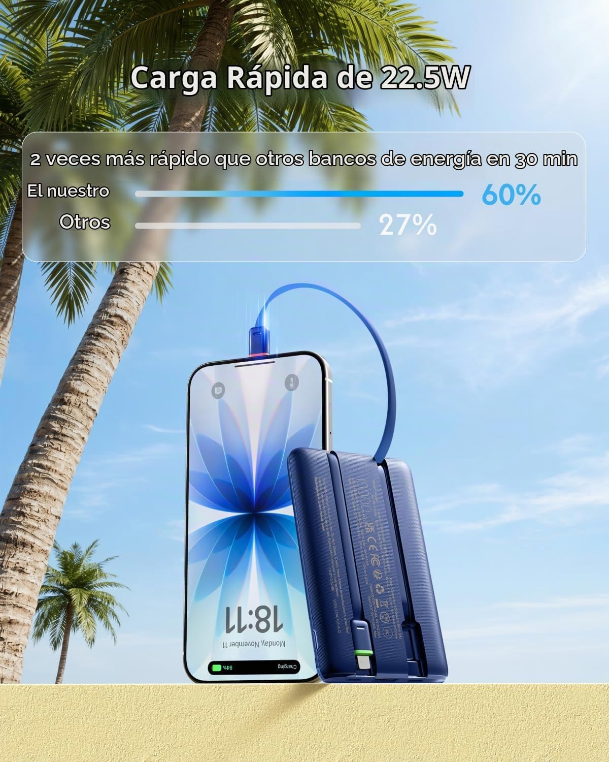 VEGER Cargador portátil de carga rápida de 10000mAh 0.4lb con cable...