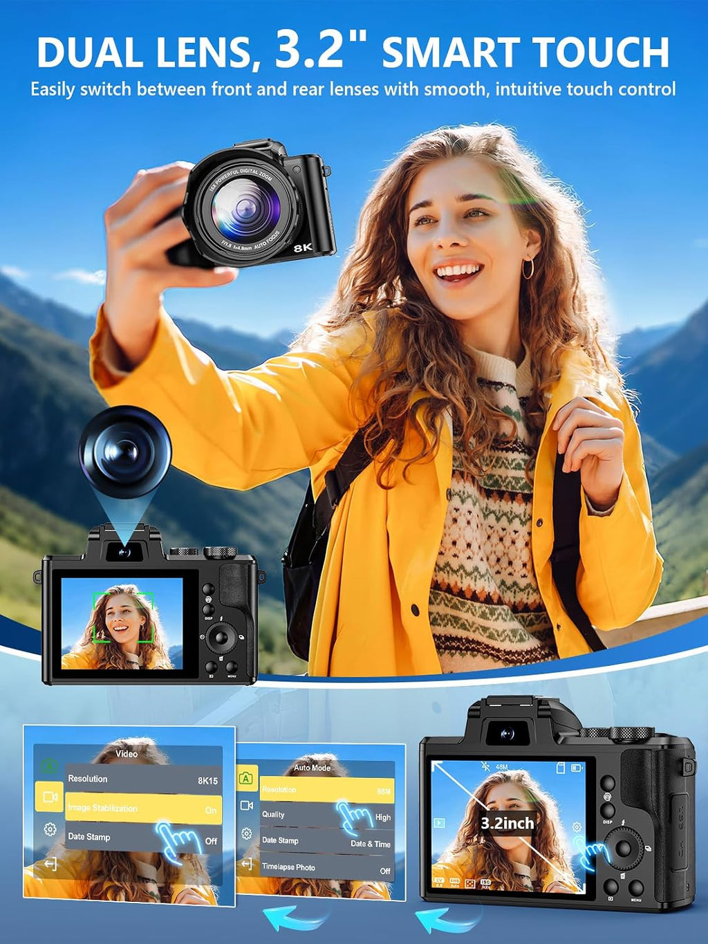 Cámara digital 8K, cámaras WiFi de 88 MP para fotografía con pantal...