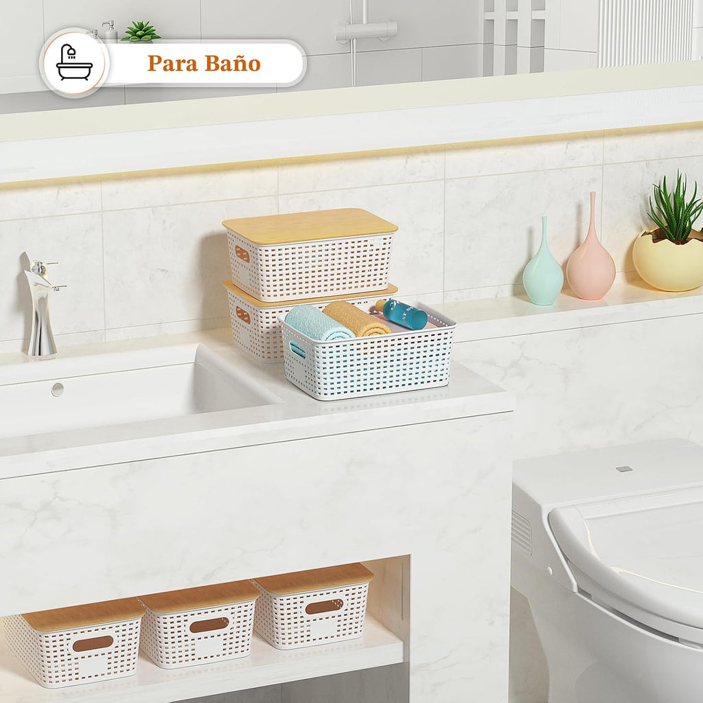 Ohmlove - Cestas de almacenamiento de plástico con tapa de bambú -...
