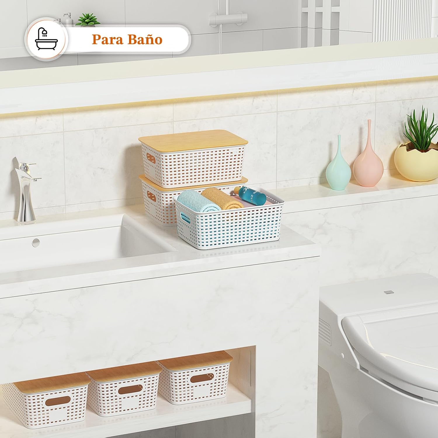Ohmlove - Cestas de almacenamiento de plástico con tapa de bambú -...
