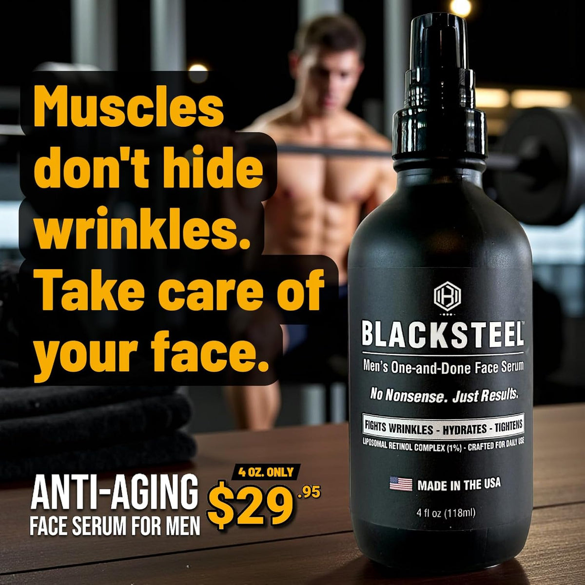 BLACKSTEEL Suero facial antienvejecimiento para hombre con retinol...