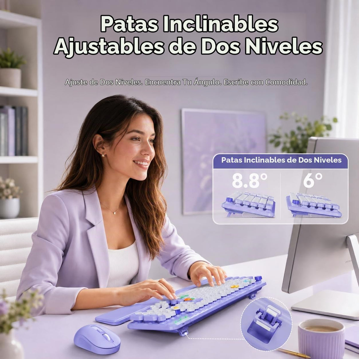 Combo de teclado y ratón inalámbricos, bonitas teclas redondas, tec...
