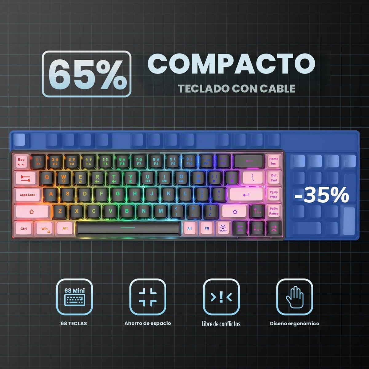 GEODMAER 65% Teclado para Juegos, LED Retroiluminado, Teclado de Me...
