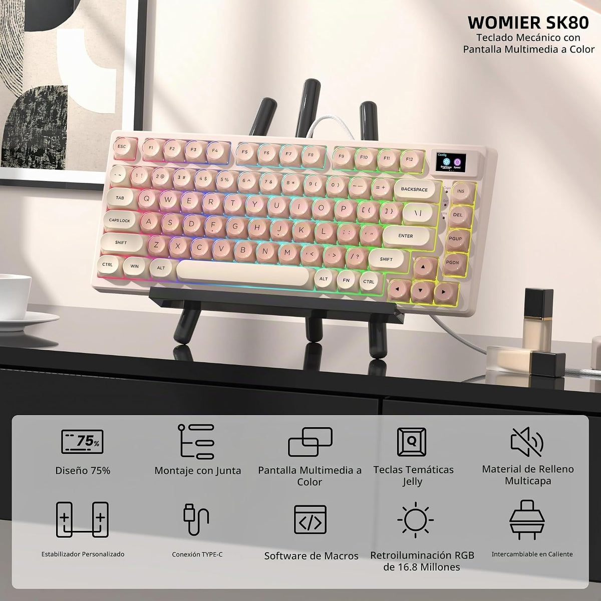 Womier SK80 Teclado Mecánico Gaming 75% con Pantalla Multimedia a C...