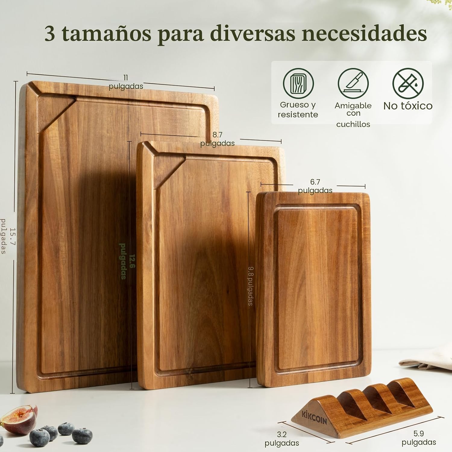 Kikcoin Tabla de cortar de madera para cocina, juego de 3 tablas de...