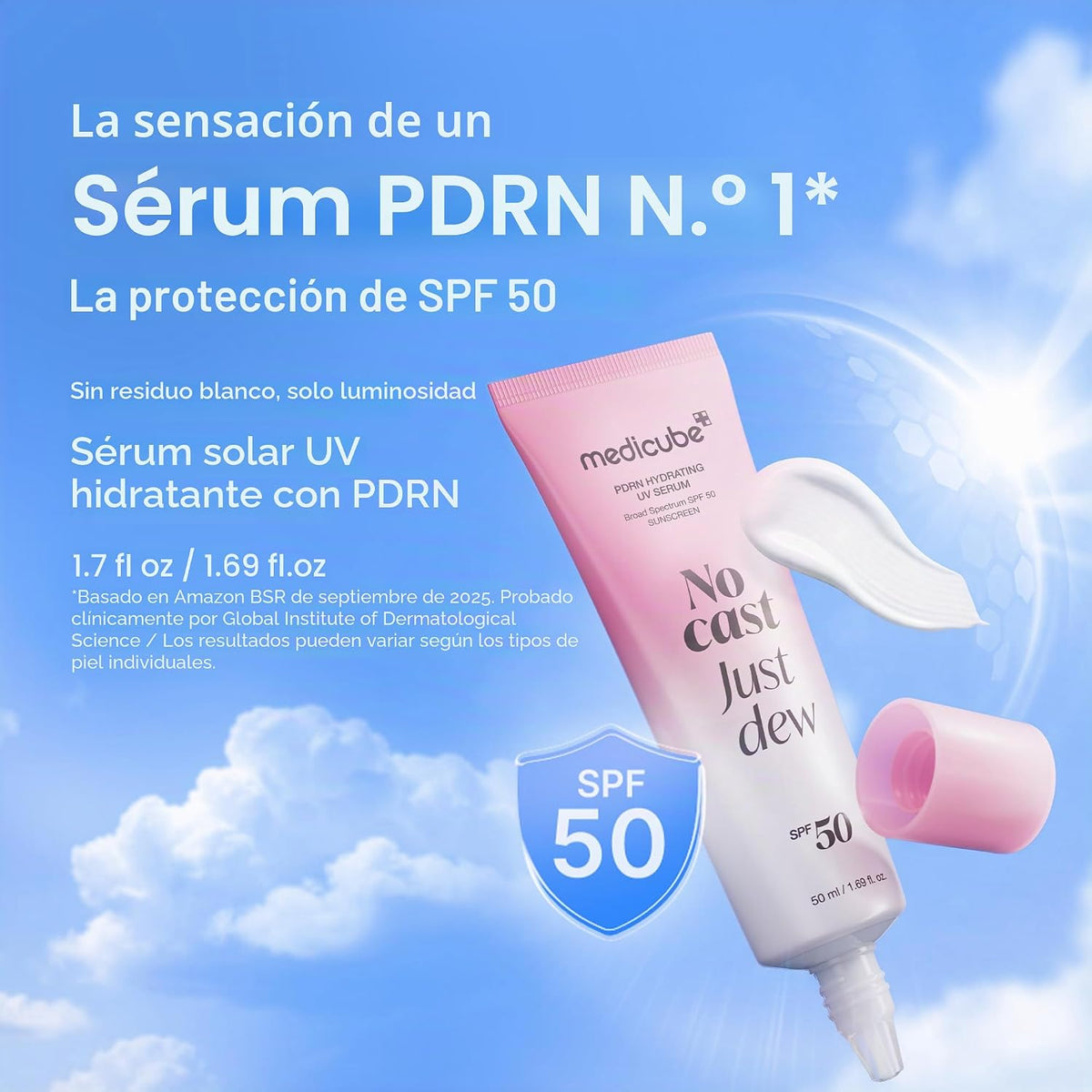 medicube Protector solar No Cast Just Dew PDRN Suero solar UV hidra...
