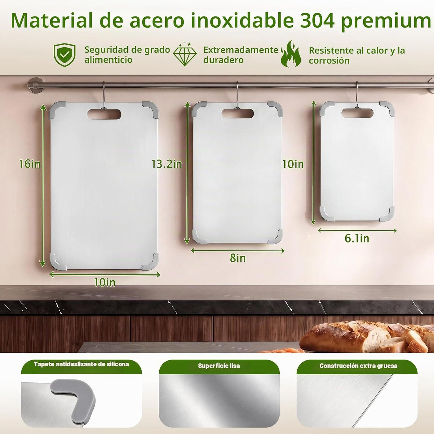 Juego de 3 tablas de cortar de acero inoxidable para cocina, juego...