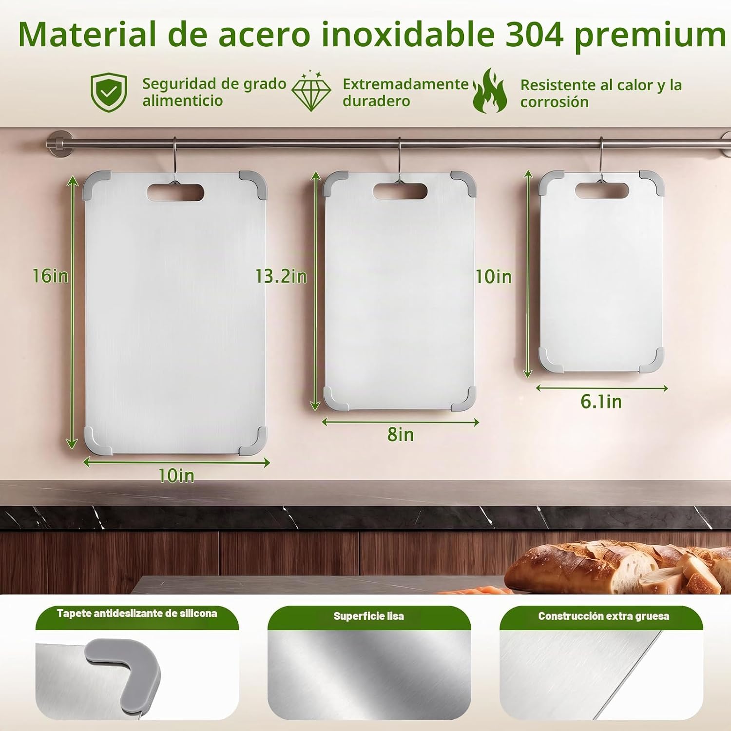Juego de 3 tablas de cortar de acero inoxidable para cocina, juego...