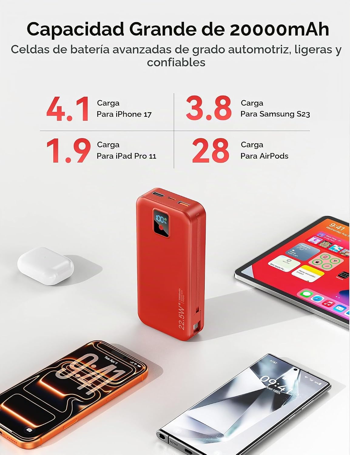 Rngsnoy Cargador Portátil 20000mAh 22.5W w\/Cable incorporado y enc...