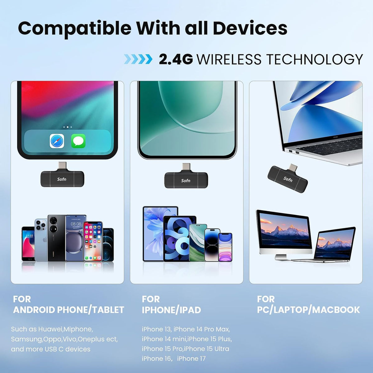 Sofn Micrófono Lavalier inalámbrico para iPhone y Android con enchu...