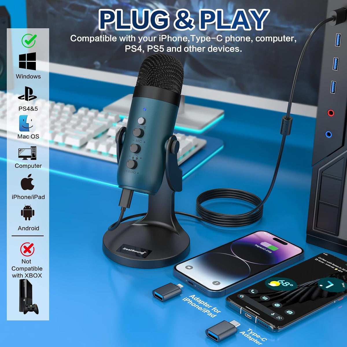 ZealSound Micrófono Podcast para PC, Micrófono USB con cancelación...