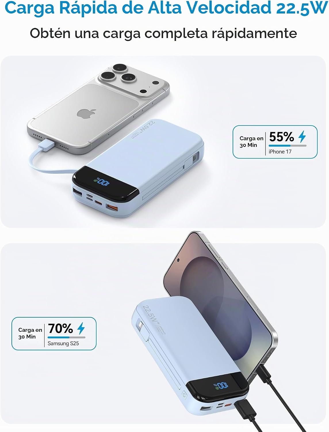 Banco de baterías para teléfono 32000 mAh 22,5 W con cables integra...