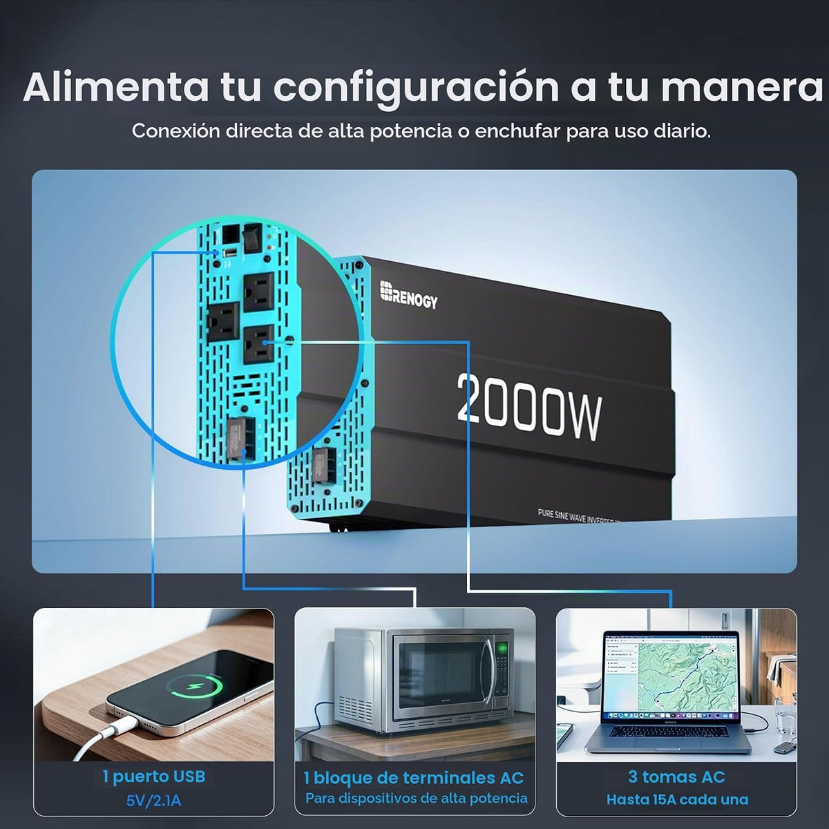 Renogy Inversor P2 de onda sinusoidal pura de 2000W, convertidor de...