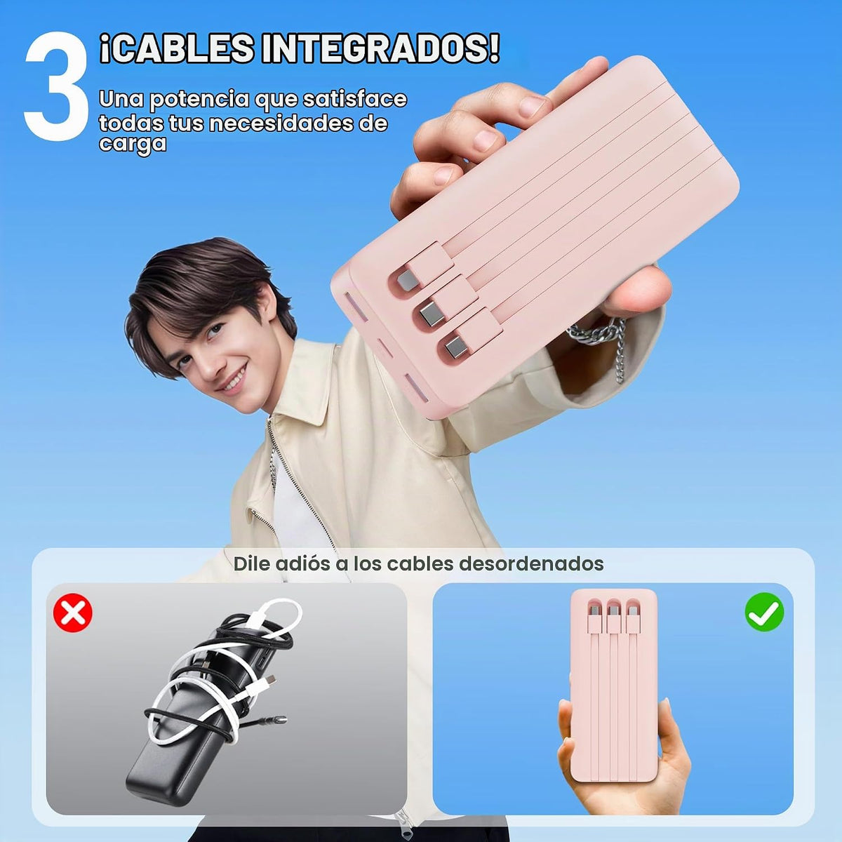 Cargador portátil de 50800 mAh con 3 cables integrados, 25 W PD QC4...