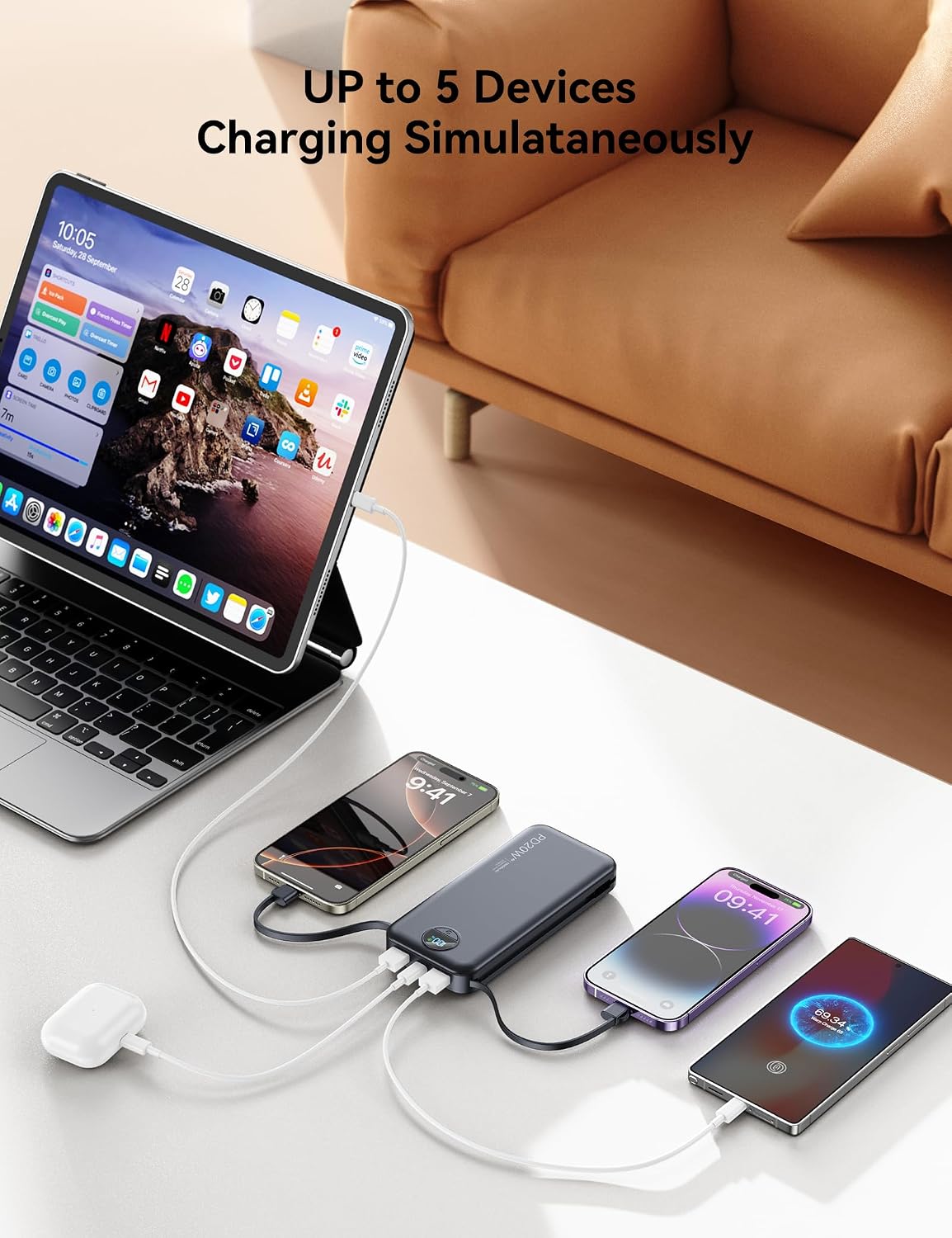 Cargador portátil Power Bank 10000mAh con cables integrados y enchu...