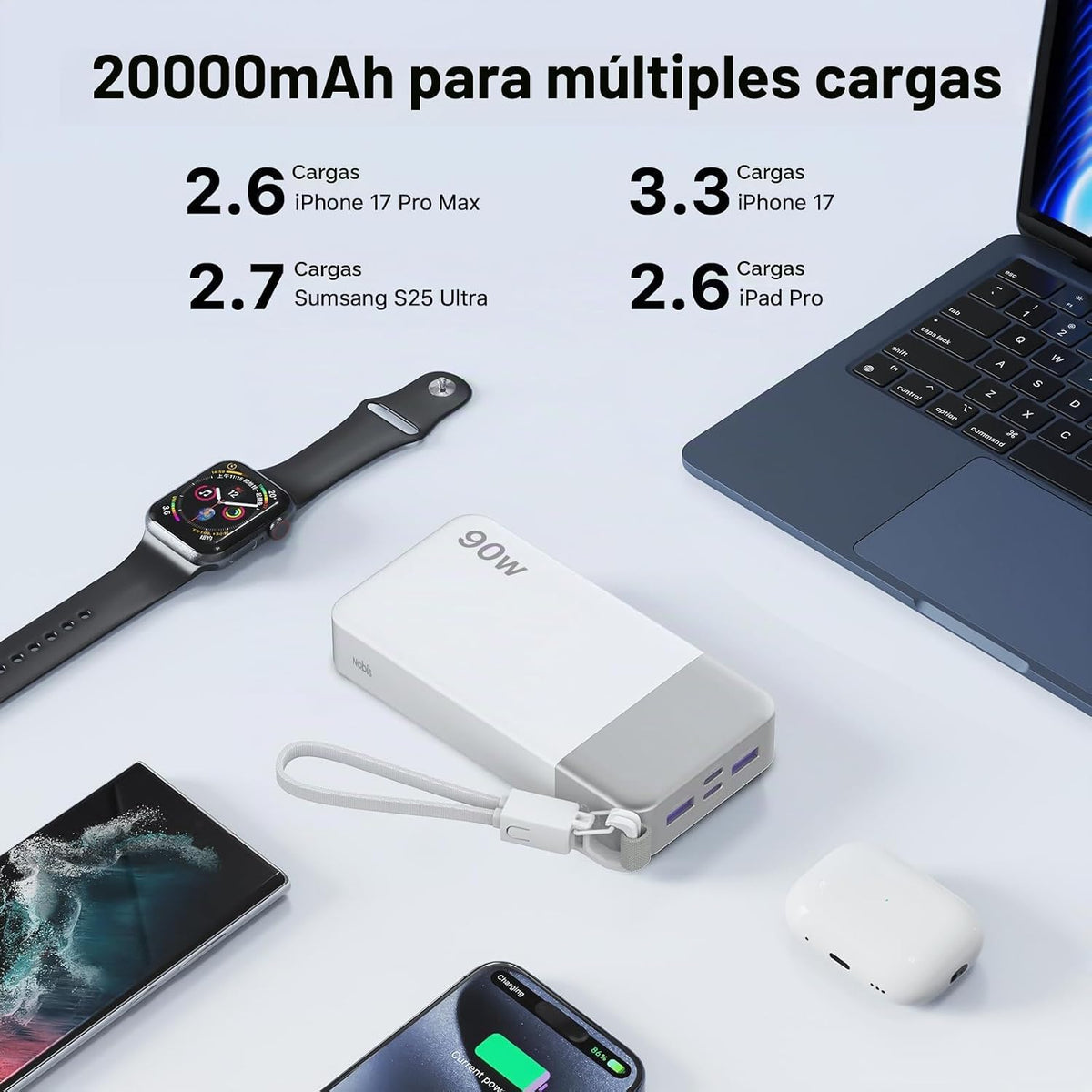 Cargador portátil NOBIS 20000mAh 90W Power Bank con cable desmontab...