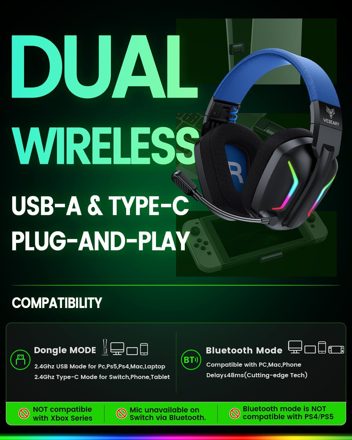 WESEARY Auriculares inalámbricos para juegos para PS5, PC, Switch y...