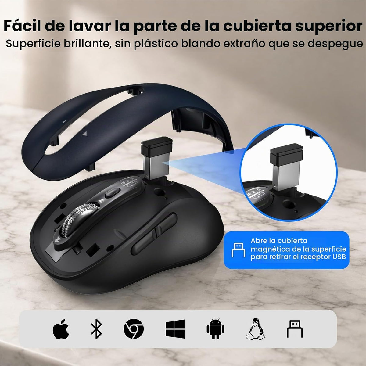 Ratón inalámbrico Bluetooth para portátil, USB+BT×2, carga USB-C, r...
