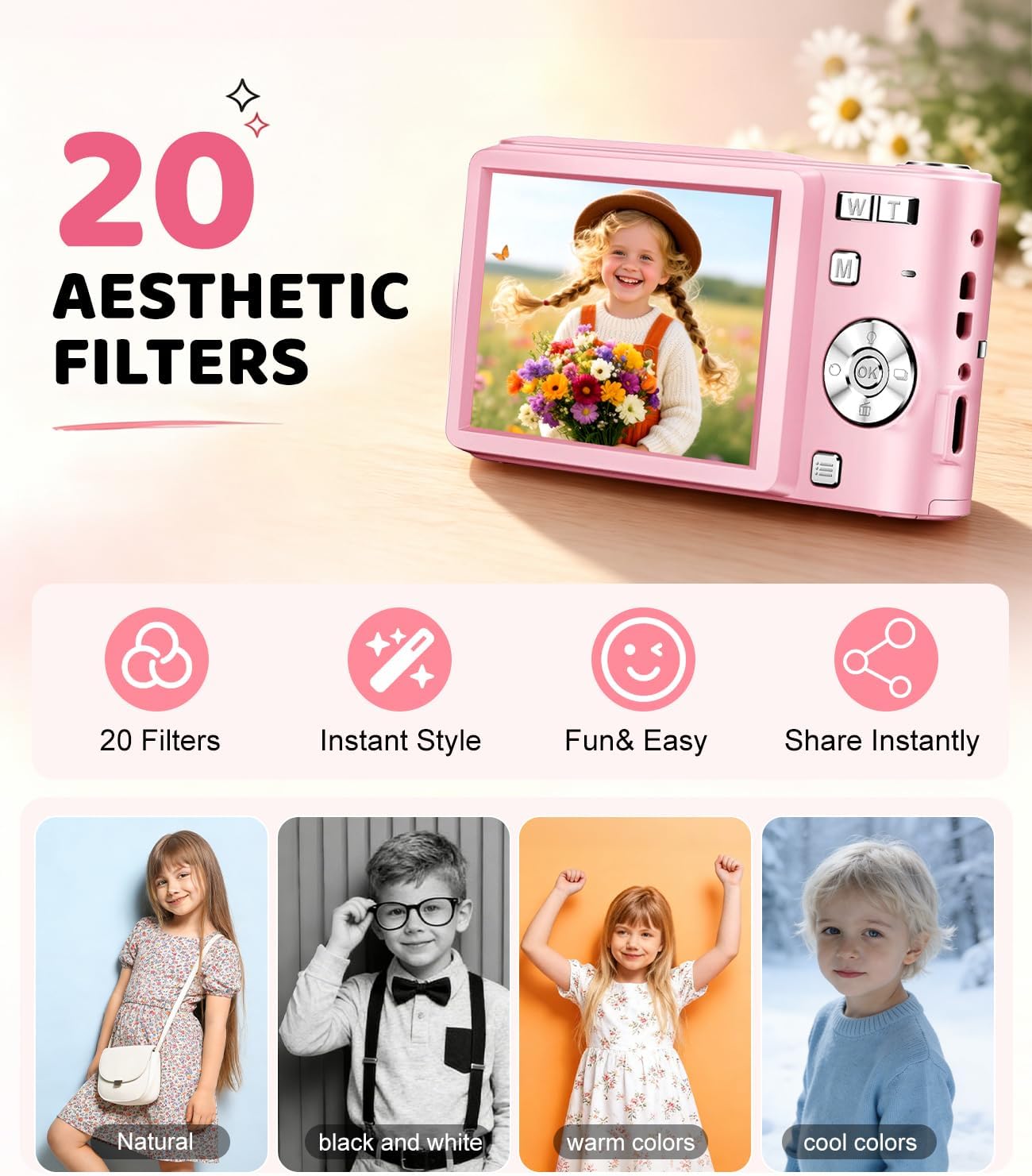 EJXHKNF Cámara digital rosa, 50MP FHD 1080P Cámara portátil para ap...