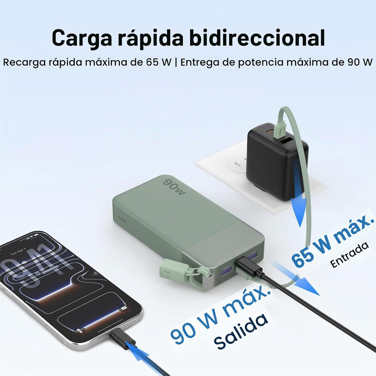 Cargador portátil NOBIS 20000mAh 90W Power Bank con cable desmontab...