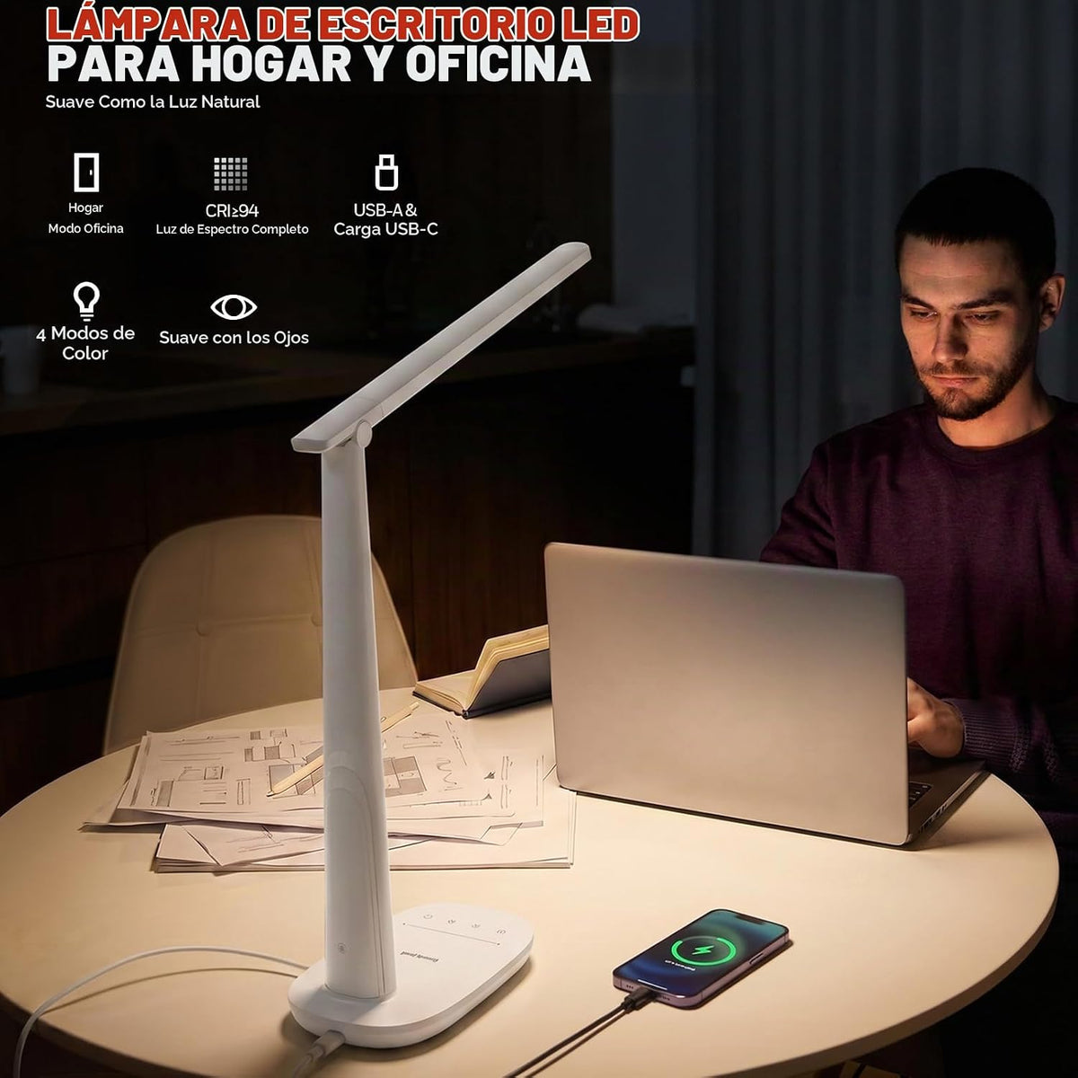 Honeywell Lámpara de escritorio LED para oficina en casa, luz de le...