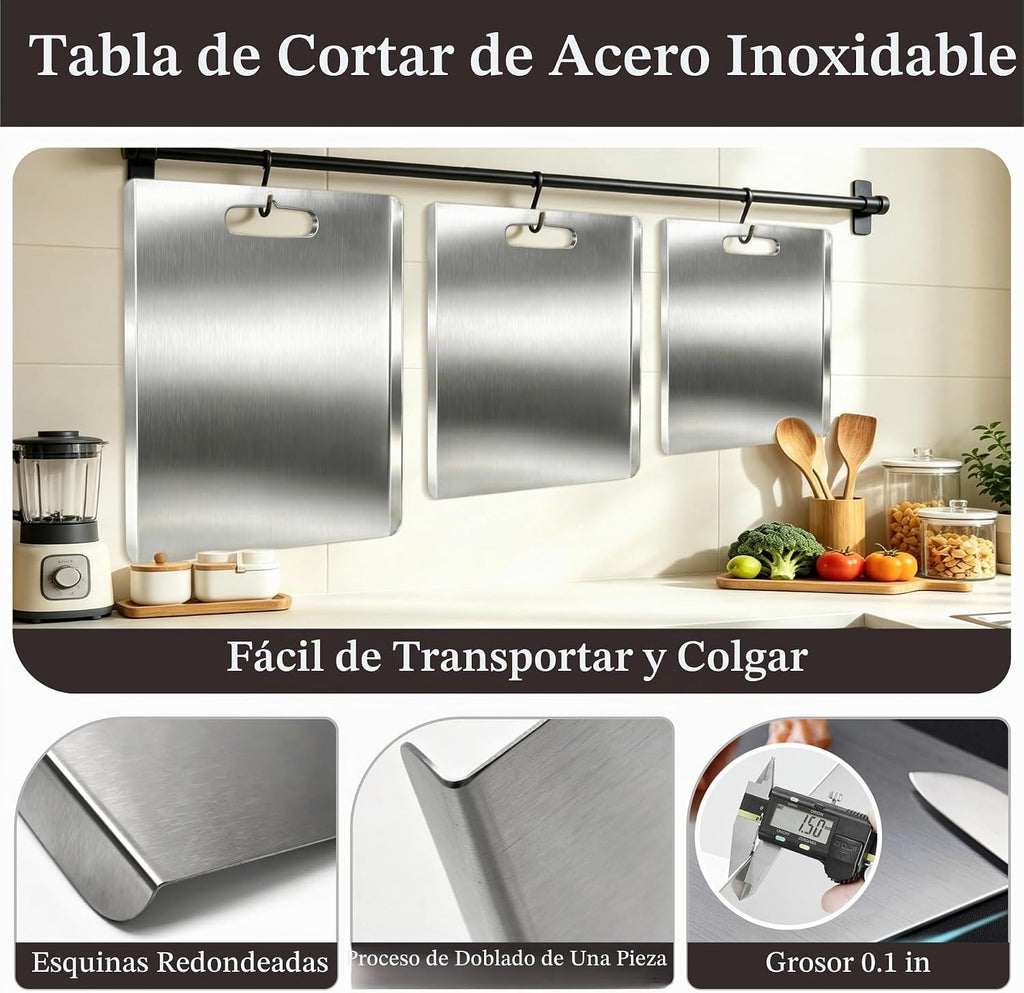 Tabla de cortar de acero inoxidable con labio, tablas de cortar 3PC...