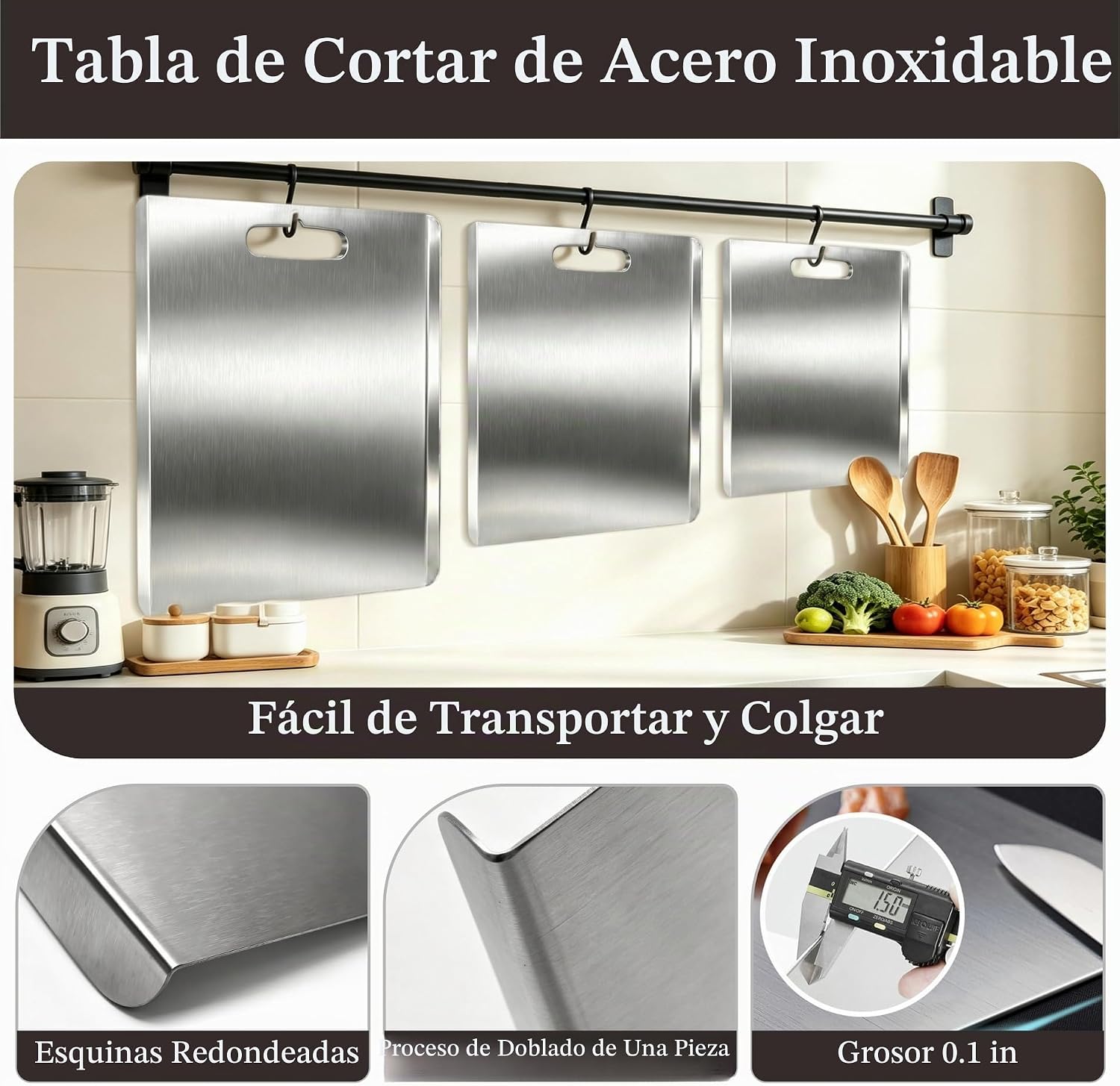 Tabla de cortar de acero inoxidable con labio, tablas de cortar 3PC...