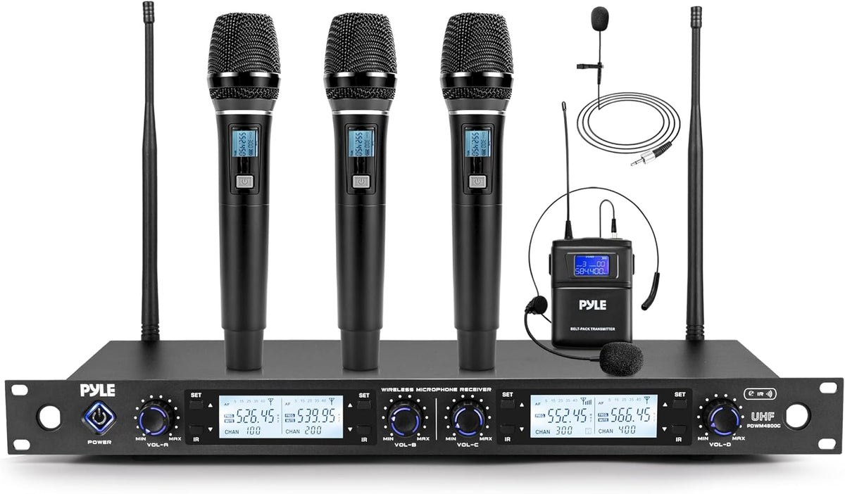 Pyle Sistema de micrófono inalámbrico UHF de 4 canales con 3 micróf...