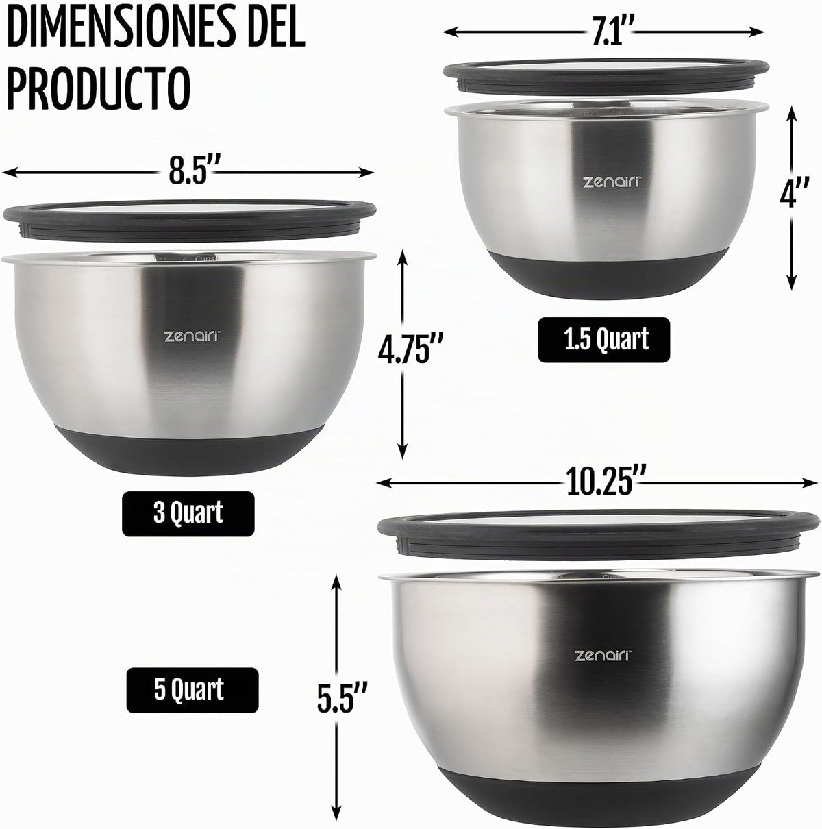Tazones para mezclar de acero inoxidable con tapas de vidrio, juego...