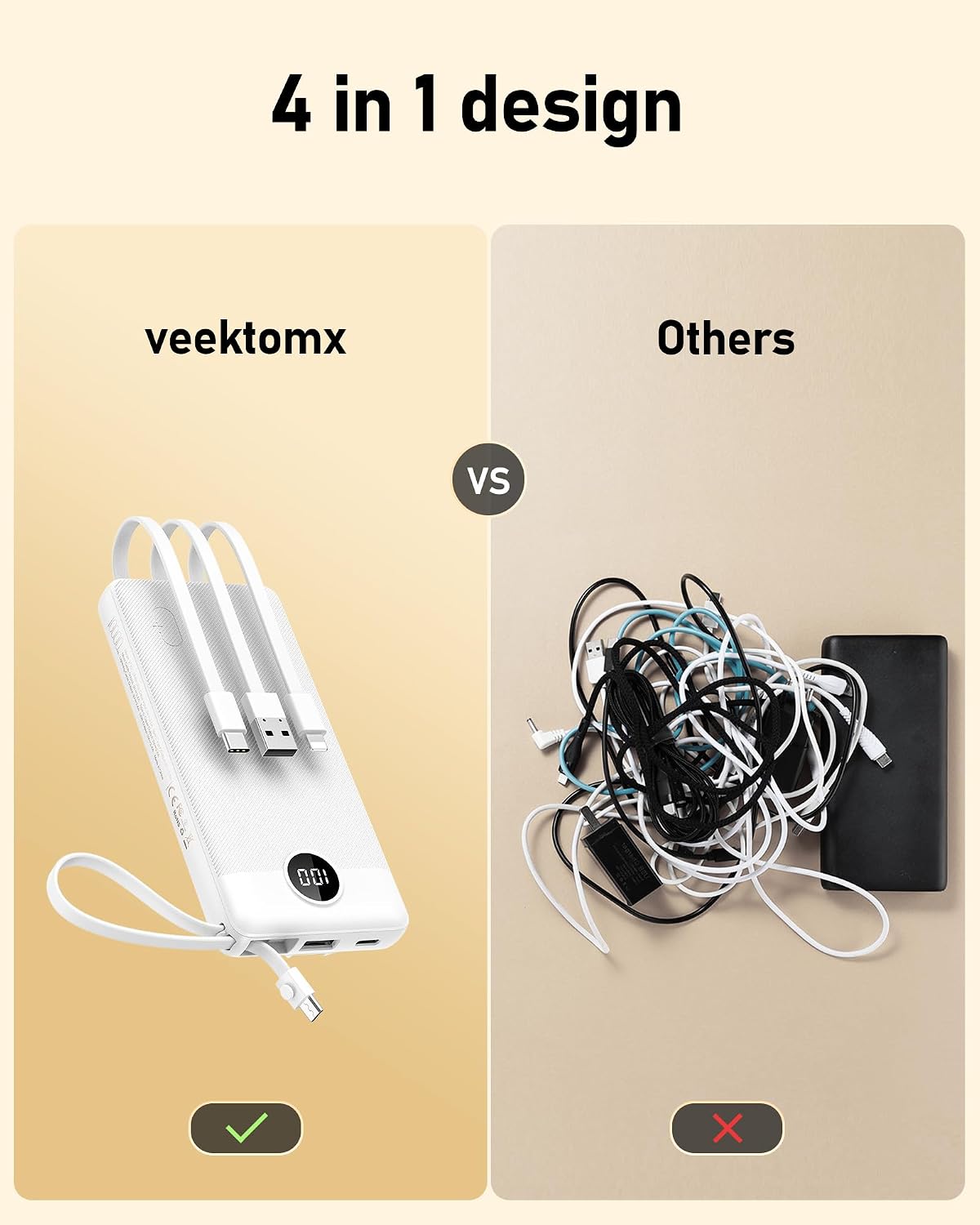 VEEKTOMX Cargador portátil de 10000 mAh con 4 cables incorporados |...
