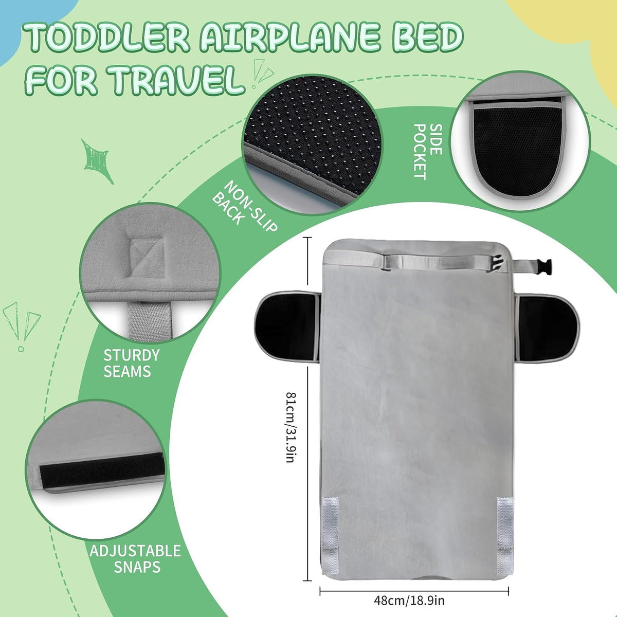 Cama de avión gris para niños pequeños, portátil, extensor de asien...