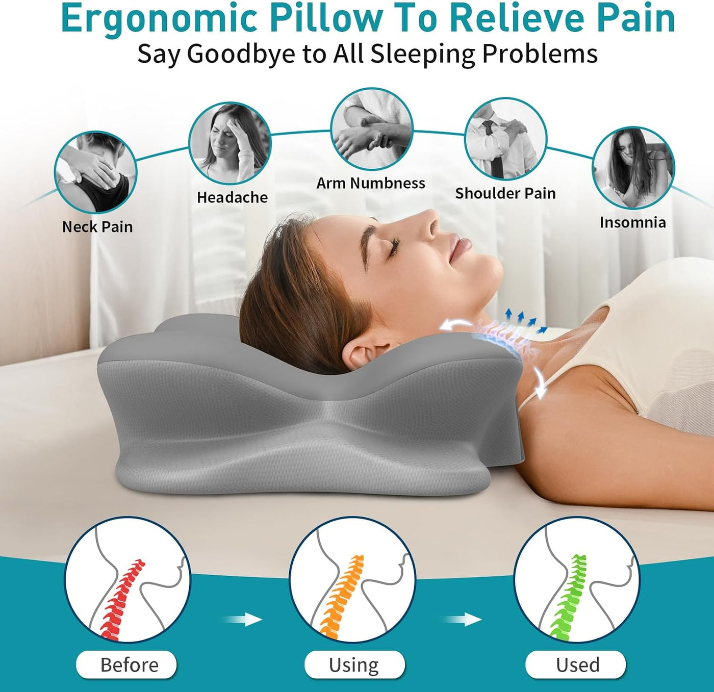 Almohada cervical para el cuello para aliviar el dolor, almohada er...