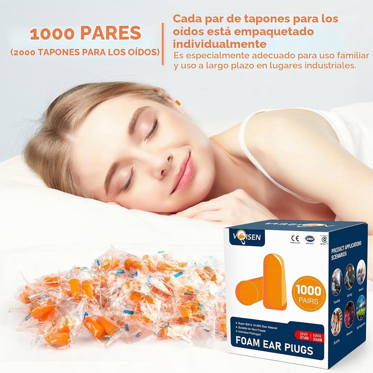 VOISEN Tapón para los oídos, 1000 pares de tapones para los oídos p...