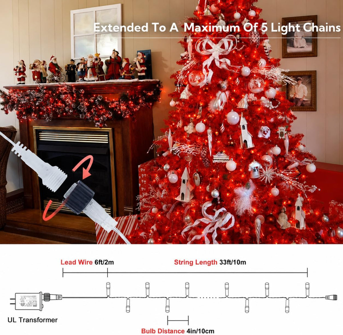 Pellimo 100 luces LED rojas de Navidad, 33 pies enchufables en cade...