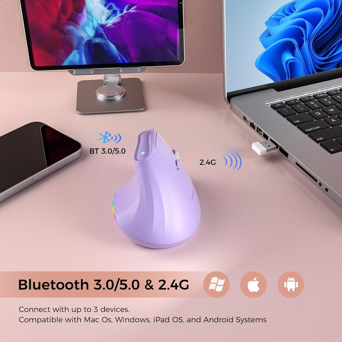 KYSONA Ratón ergonómico inalámbrico de 57°, mouse vertical, mouse d...