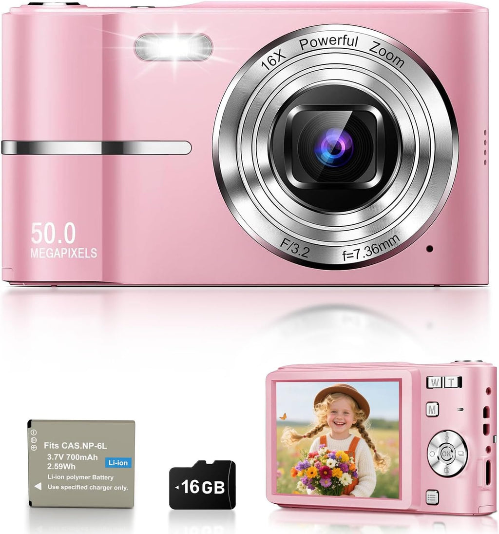 EJXHKNF Cámara digital rosa, 50MP FHD 1080P Cámara portátil para ap...