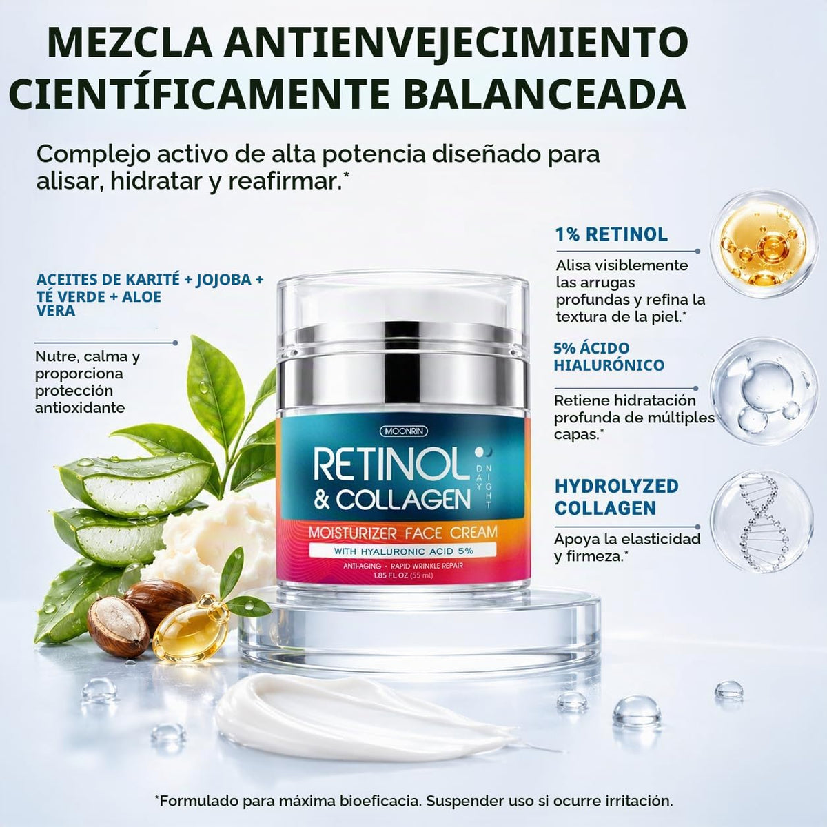 Crema de retinol para cara con ácido hialurónico \u2013 Hidratante...