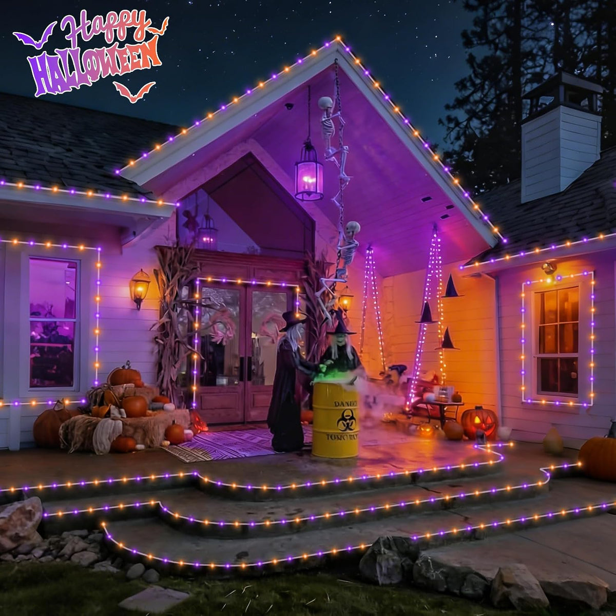QITONG Luces solares de Halloween naranjas y moradas, 66 pies, 200...