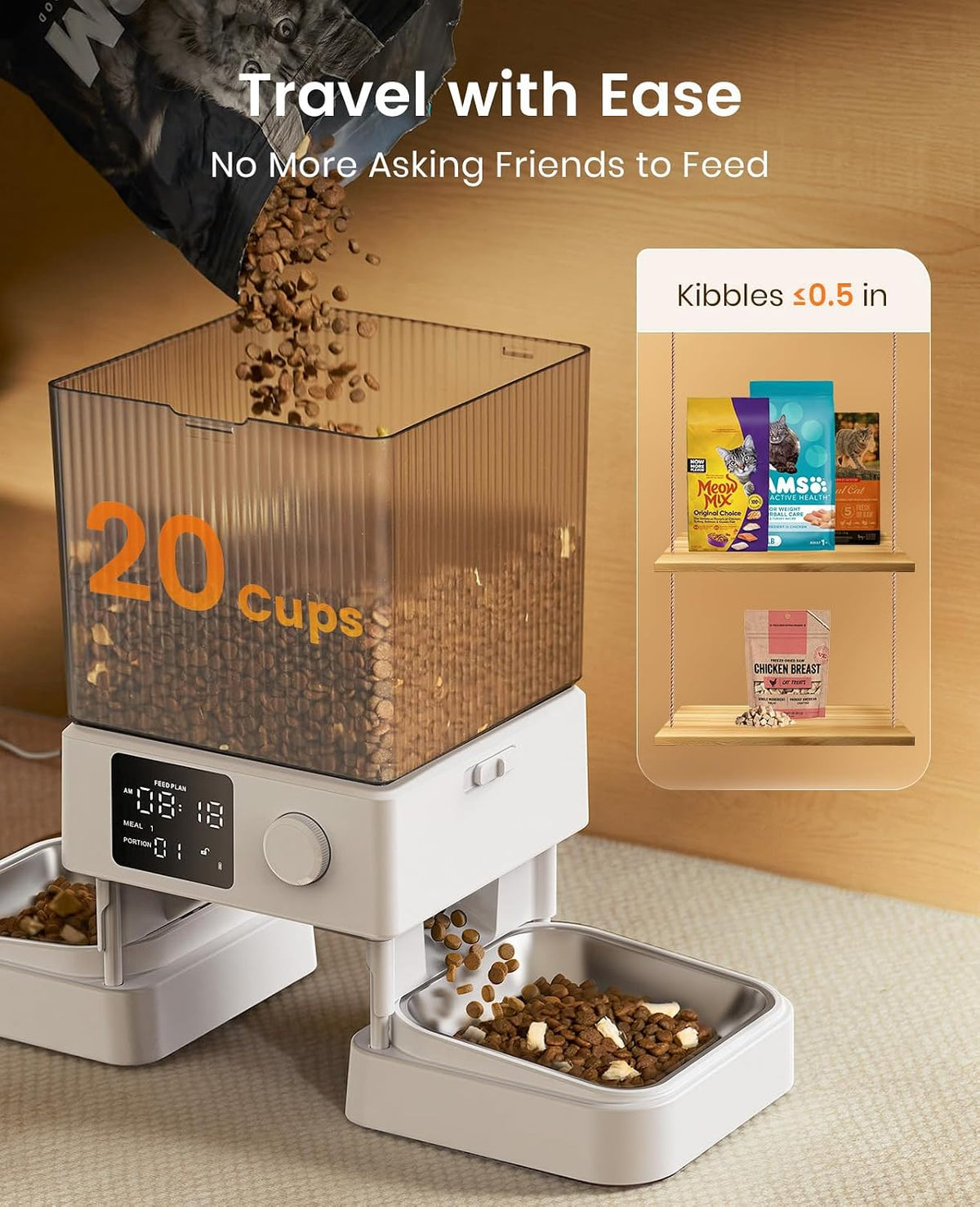 oneisall Comedero automático para gatos para 2 gatos, 20 tazas\/5 l...
