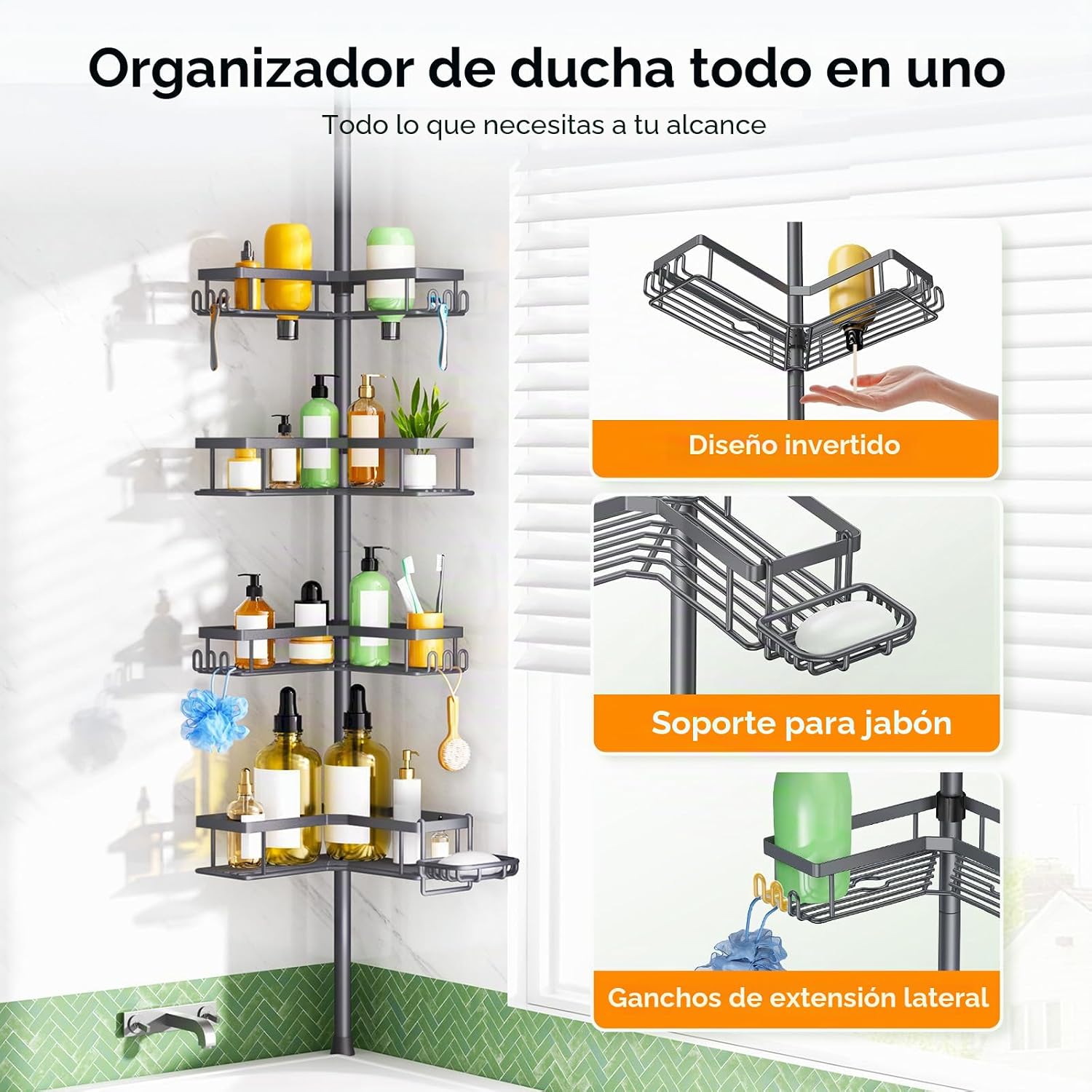 HAMITOR Poste de tensión esquinero para ducha: estante organizador...