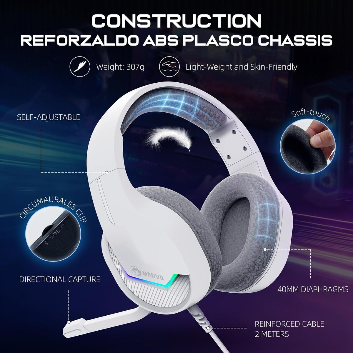 MARVO Auriculares USB para juegos con micrófono, auriculares con ca...
