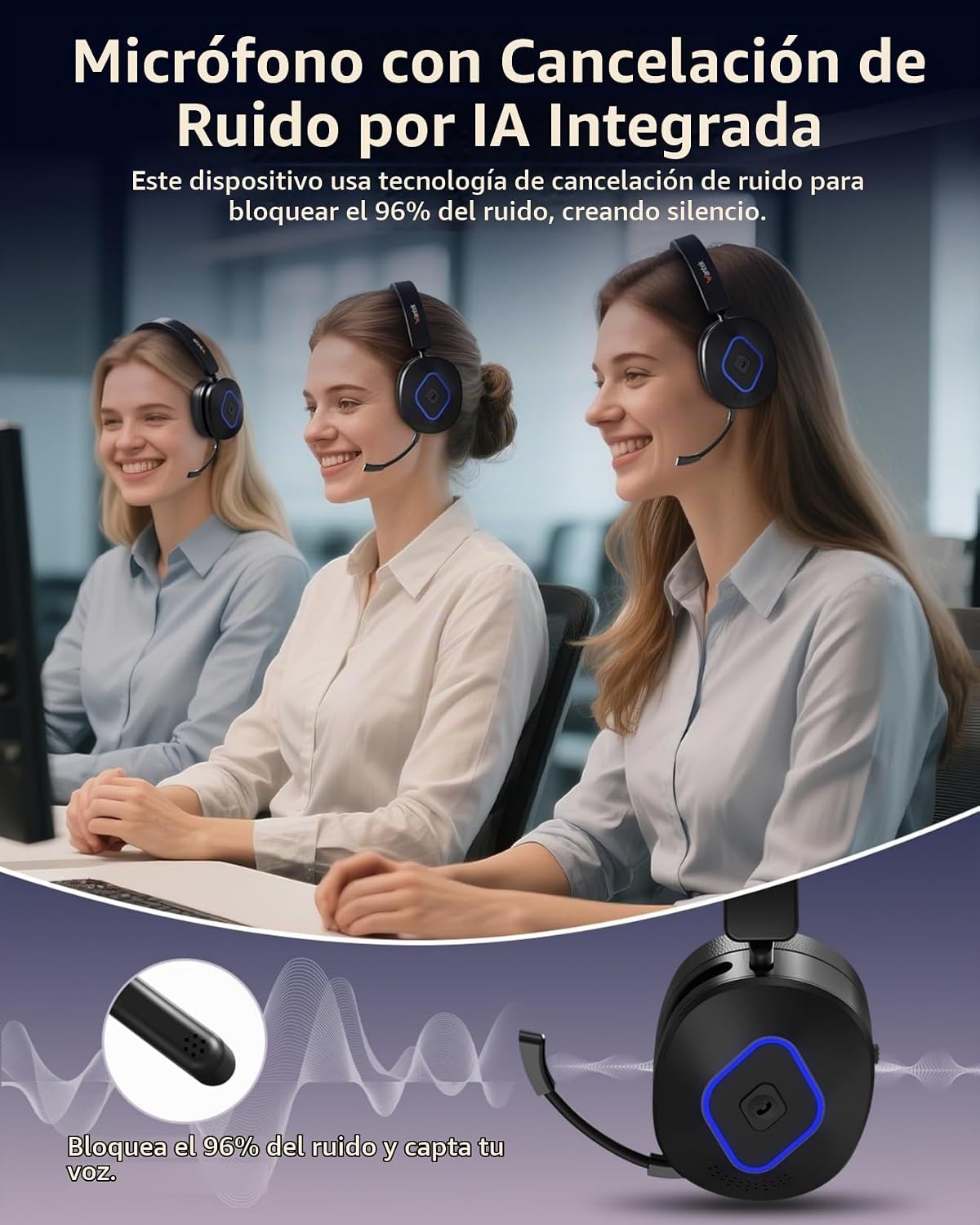 Wantek Auriculares inalámbricos con micrófono para el trabajo, auri...