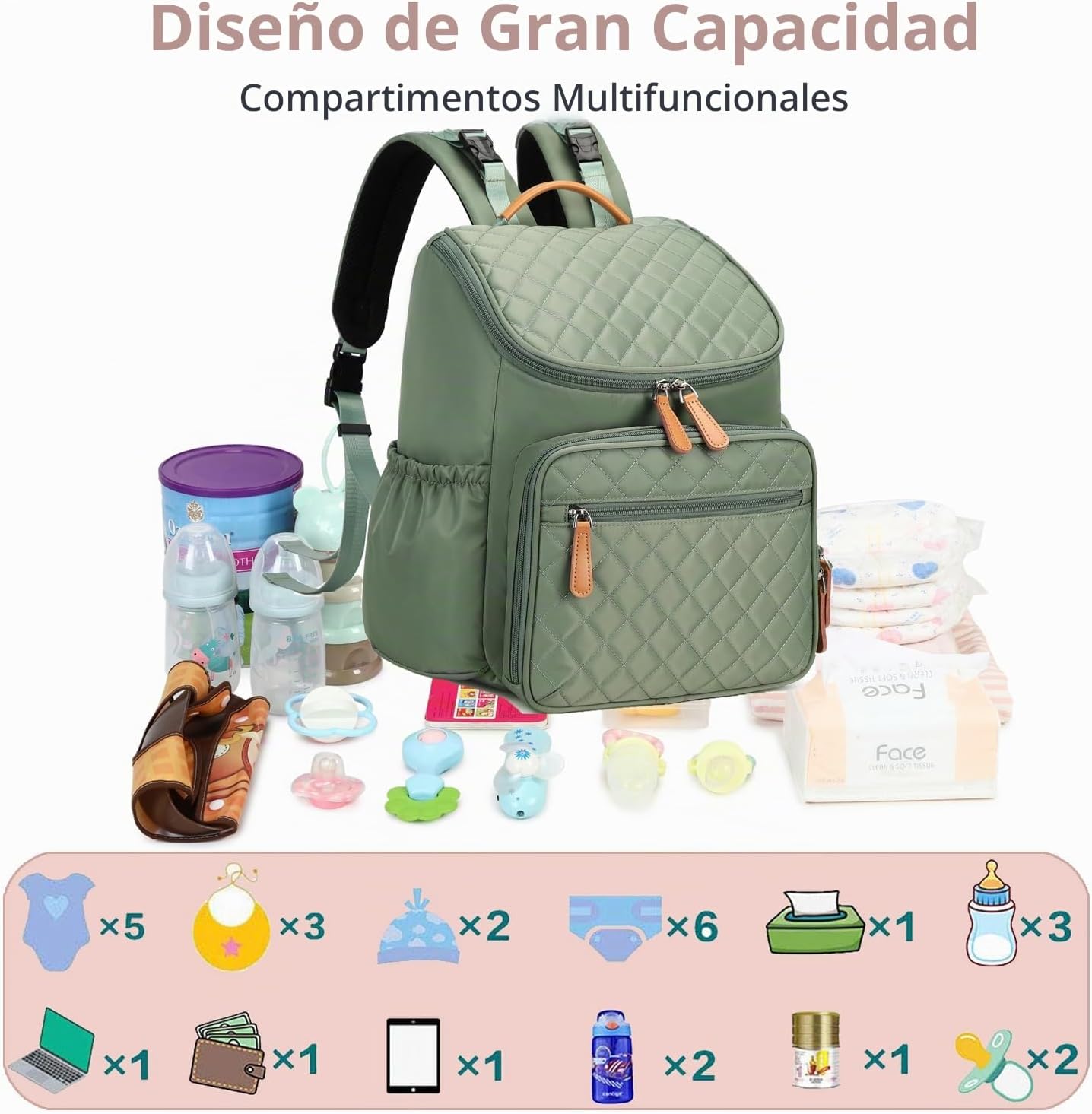 LORADI Mochila ligera para pañales, mediana | Clips para cochecito,...