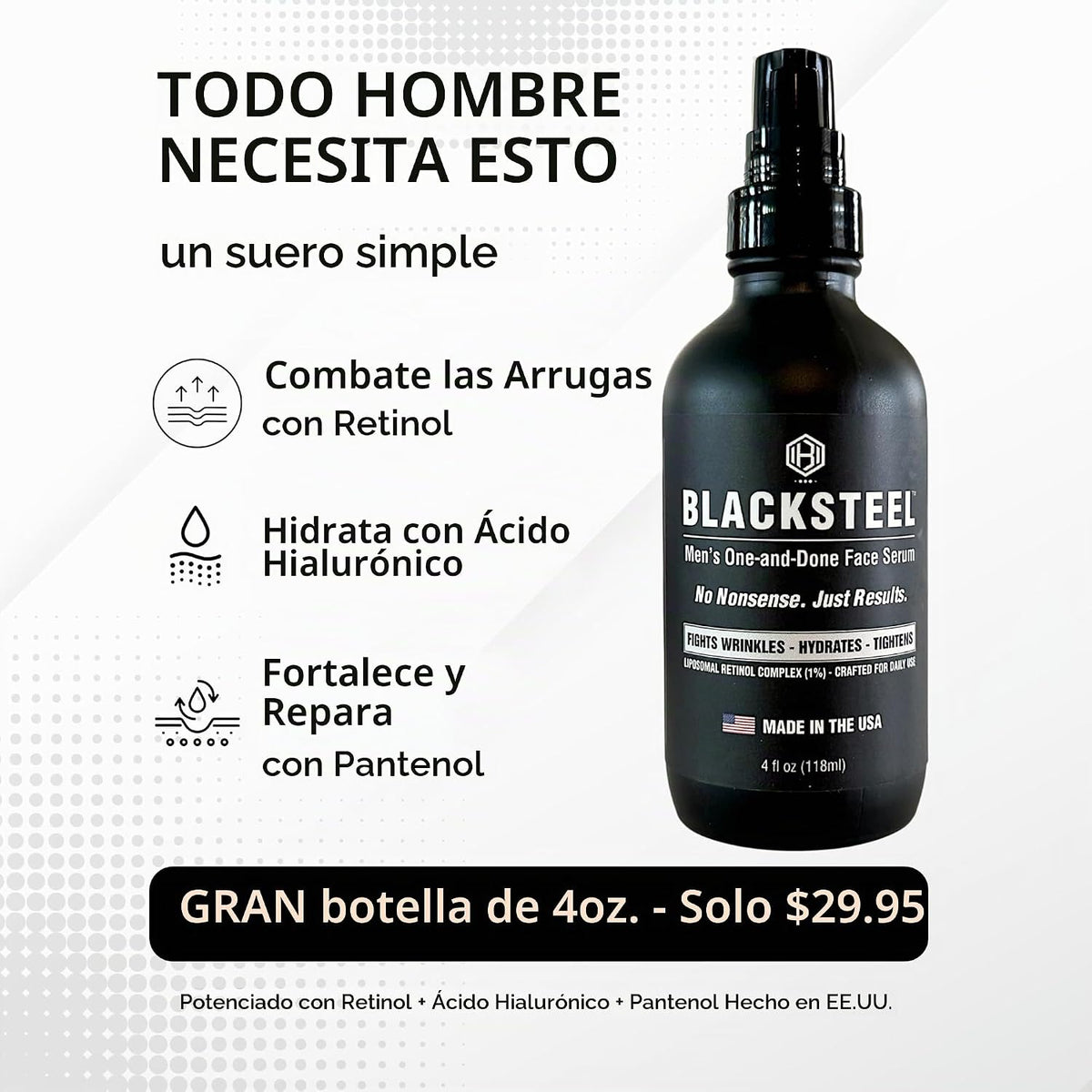 BLACKSTEEL Suero facial antienvejecimiento para hombre con retinol...