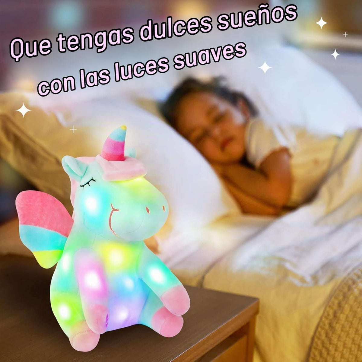 Athoinsu Juguete suave de peluche de unicornio verde iluminado con...