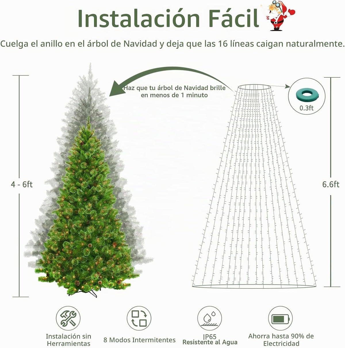 VIL Luces para árbol de Navidad con anillo, 6.6 pies, 8 líneas, 280...